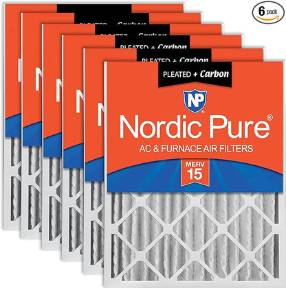 Nordic Pure 16x20x4 (Actual Size: 15 1/2 x 19 1/2 x 3 5/8) Pleated Air Filters MERV 15 Plus Carbon 6 Pack