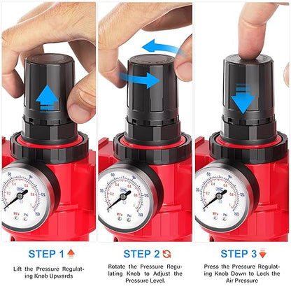 TAILONZ PNEUMATIC 1 Inch NPT Air Filter Pressure Regulator Water/Oil Trap Separator Combo(0-150PSI),Air Tool Compressor Filter with Gauge AC5010-10M(Manual Drainage)