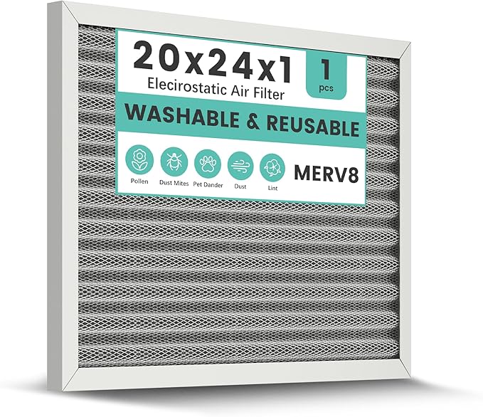 20x24x1 HVAC Furnace Air Filter, Washable Electrostatic Furnace Filter, MERV 8, Lasts a Lifetime, Breathe Fresher, Home And Office (Actual Size:19.61x23.39x0.82)