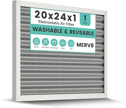 20x24x1 HVAC Furnace Air Filter, Washable Electrostatic Furnace Filter, MERV 8, Lasts a Lifetime, Breathe Fresher, Home And Office (Actual Size:19.61x23.39x0.82)
