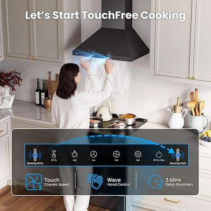 Wall Mount 36 Inch Range Hood 900 CFM, Ductless/Ducted Convertible, 3-speed Gesture Sensing & Touch Control, Black Painted Stainless Steel Vent Kitchen Hood with Permanent Baffle Filters