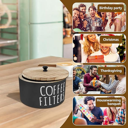 Coffee Filter Holder, Wooden Large Capacity Rustic Coffee Filter Storage Case Dispenser with Bamboo Lid, Round Organizer Basket Container Storage for Pod and Filter, Coffee Bar Accessories