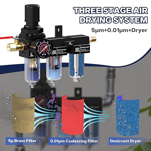 NEWPO 1/4" NPT Three Stage Air Drying System,air Pressure Regulator with 5＆0.01 Micron Filter Cartridge，Desiccant Dryer & Air Compressor Dryer, Metal Bowl Semi-Auto Drain