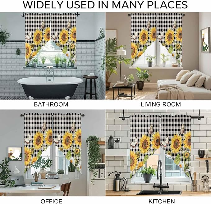 Sunflowers Swag Valances for Windows, Yellow Flowers Butterfly Farmhouse Black Plaid Rod Pocket Kitchen Curtains Valance, Small Window Curtains Swag for Cafe Bathroom Living Room, 2 Panels, 28x36 inch