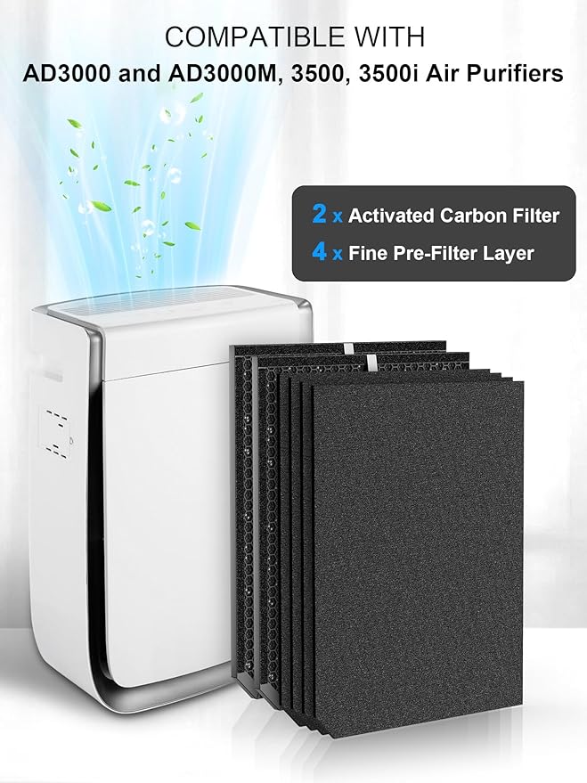 3500 Replacement Carbon Filter Compatible with Air Doctor 3000 3500 Air Purifiers, Includes 2 Activated Carbon Filters, 4 Sponge Pre-Filters, Comparable to Part # ADF3002, ADF3003