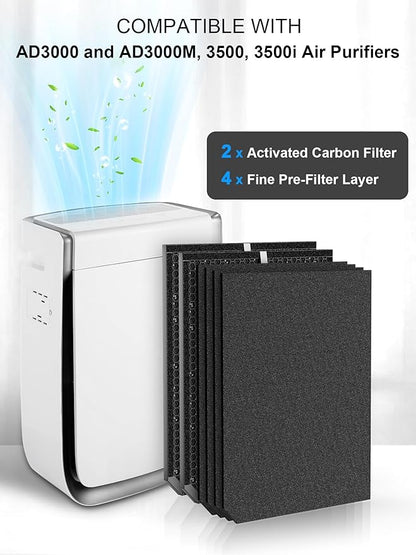 3500 Replacement Carbon Filter Compatible with Air Doctor 3000 3500 Air Purifiers, Includes 2 Activated Carbon Filters, 4 Sponge Pre-Filters, Comparable to Part # ADF3002, ADF3003