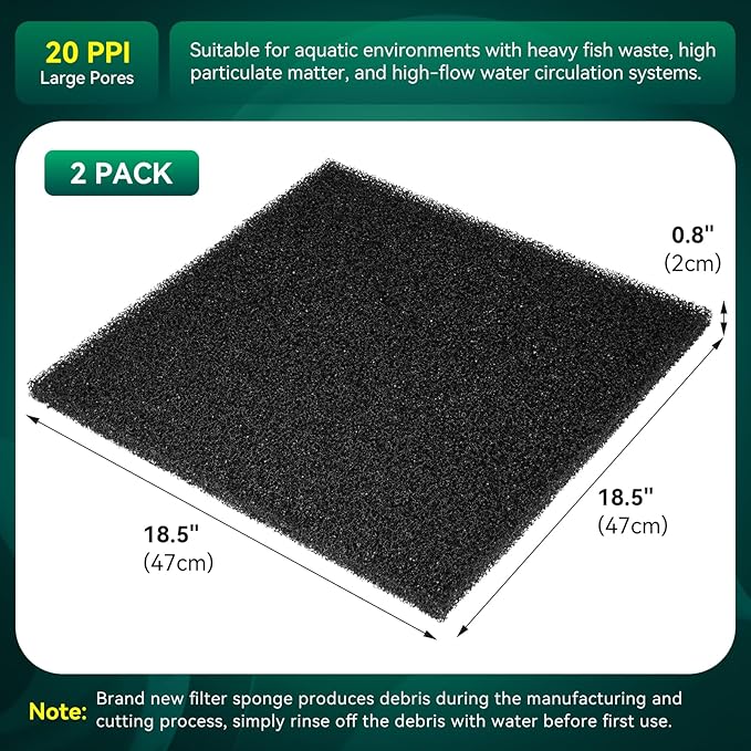 Borlech Aquarium Bio Filter Sponge Pad - Cut-to-Size Aquarium Filter Media for Fish Tank, Pond, Sump - Mechanical & Biological Filtration (18.5"x18.5"x0.8", 20PPI, 2 Pack)