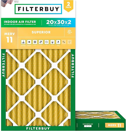 Filterbuy 20x30x2 Air Filter MERV 11 Superior Pet & Allergy Defense (2-Pack), Electrostatic Pleated HVAC AC Furnace Filters Replacement, Made in USA (Actual Size: 19.75 x 29.75 x 1.75)