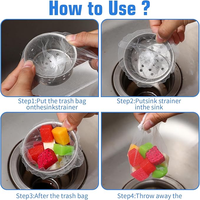 300 PCs Disposable Mesh Sink Strainer Bags, Kitchen Strainer Mesh Bag Non-Clog Sink Drain Strainers, Elastic Net Strainers Filter Bags Residue Filtering Bag for Food Waste Leftover Garbage