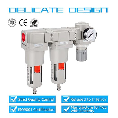NANPU 1" NPT Air Drying System - Double Air Filters, Air Pressure Regulator Combo - Semi-Auto Drain, Poly Bowl