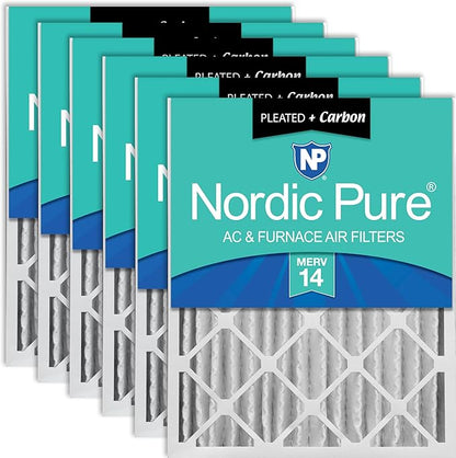 Nordic Pure 20x20x4 (Actual Size: 19 1/2 x 19 1/2 x 3 5/8) Pleated Air Filters MERV 14 Plus Carbon 6 Pack