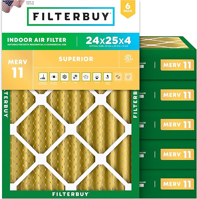 Filterbuy 24x25x4 Air Filter MERV 11 Superior Pet & Allergy Defense (6-Pack), Electrostatic Pleated HVAC AC Furnace Filters Replacement, Made in USA (Actual Size: 23.75 x 24.75 x 3.63)