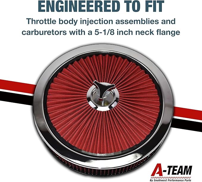 A-Team Performance High-Flow Air Cleaner Assembly - 14x3in, Red Chrome Top & Base Red Air Cleaner Element - Performance Auto Parts & Replacement Filter - Compatible with Chevrolet, GMC & Ford