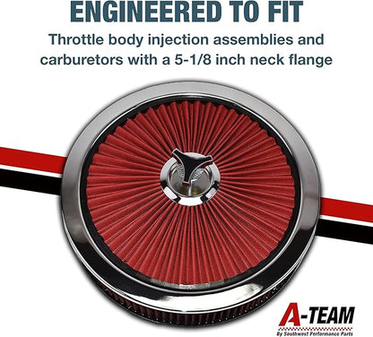 A-Team Performance High-Flow Air Cleaner Assembly - 14x3in, Red Chrome Top & Base Red Air Cleaner Element - Performance Auto Parts & Replacement Filter - Compatible with Chevrolet, GMC & Ford