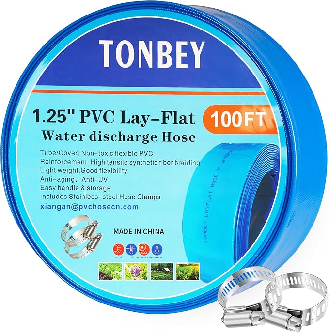 1.25" x 100 FT Pool Backwash Hose, Heavy Duty PVC Discharge Hose, Lay Flat Discharge Hose with 2 Clamps, Pool Drain Hoses for Inground Pools, Pool Filter, Weather and Burst Resistant, 6 Bar