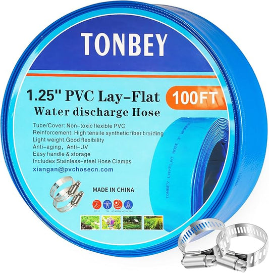 1.25" x 100 FT Pool Backwash Hose, Heavy Duty PVC Discharge Hose, Lay Flat Discharge Hose with 2 Clamps, Pool Drain Hoses for Inground Pools, Pool Filter, Weather and Burst Resistant, 6 Bar