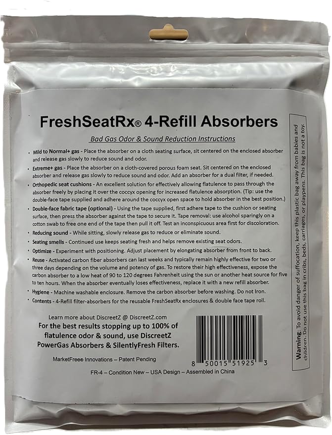 FreshSeatRx 4-Refill Filters fit FS-4 enclosures. Activated Charcoal, Chemical Warfare Design High Absorbency-CWDHA Activated Carbon Filter Pads. Reusable, Reset with Low Heat for Weeks of use. FR-4