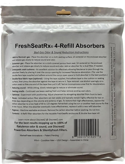 FreshSeatRx 4-Refill Filters fit FS-4 enclosures. Activated Charcoal, Chemical Warfare Design High Absorbency-CWDHA Activated Carbon Filter Pads. Reusable, Reset with Low Heat for Weeks of use. FR-4