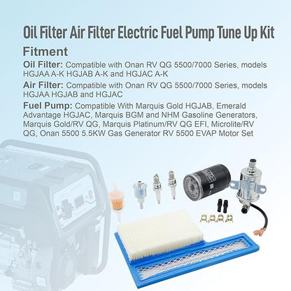 Oil Filter Air Filter Electric Fuel Pump Tune Up Kit Fit for Onan RV QG Generators 5500 7000 HGJAA HGJAB HGJAC Marquis Gold/RV QG Marquis Platinum QG EFI Engines Replace 122-0836 140-3116 E11015