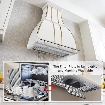 CHETTO C Stainless Steel Range Hood Cover with 4-Speed Vent Hood Insert Custom Handcrafted Metal Kitchen Fan with Towel Rack LED Light 30"W x24"D x18"H White Wall Mount