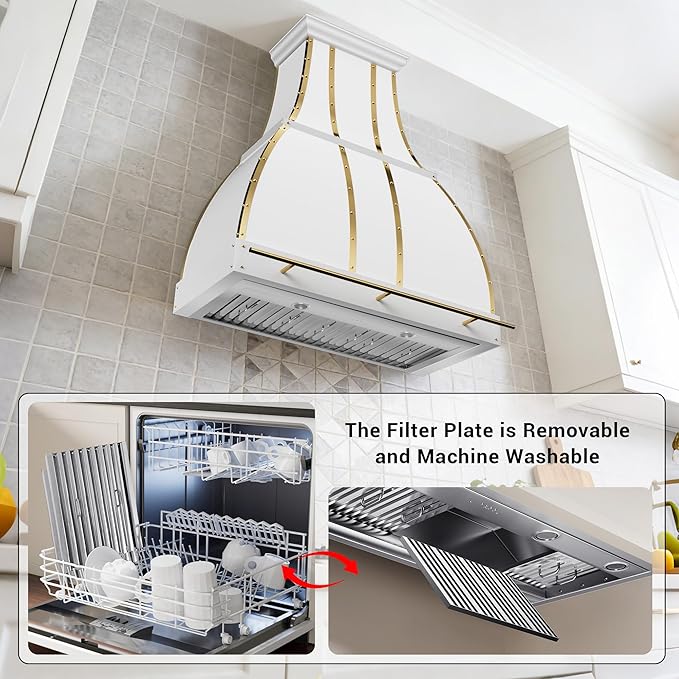 CHETTO C Stainless Steel Range Hood Cover with 4-Speed Vent Hood Insert Custom Handcrafted Metal Kitchen Fan with Towel Rack LED Light 60"W x24"D x18"H White Wall Mount
