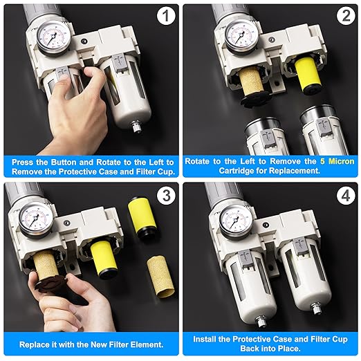 TAILONZ PNEUMATIC 0-150PSI 1/2 Inch NPT Particulate Filter+Coalescing Filter Air Filter Pressure Regulator Combo Piggyback, Air Tool Compressor Filter (Semi-Auto Drainage）