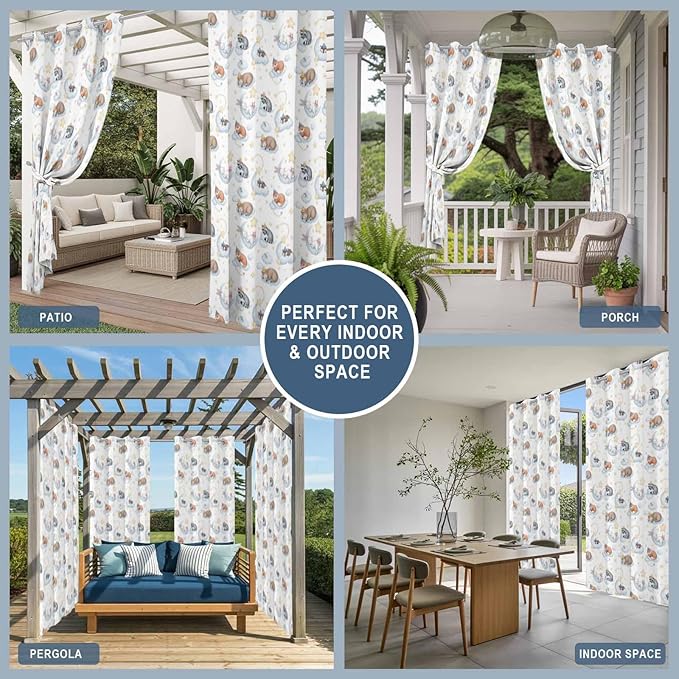Cartoon Animals Outdoor Curtains for Patio Raccoons Rabbits Moon Waterproof Outside Curtains with Grommet Top Weatherproof Curtain for Cabana Pergola Gazebo, 1 Panel, 54" W x 108" L