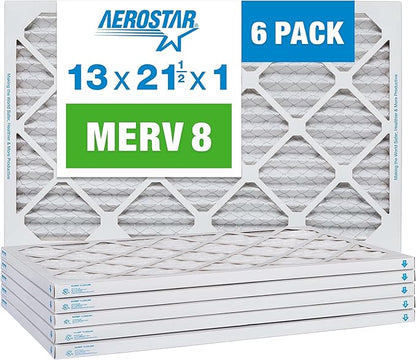 Aerostar 13x21 1/2x1 MERV 8 Pleated Air Filter, AC Furnace Air Filter, 6 Pack (Actual Size: 12 7/8" x 21 1/2" x 3/4")