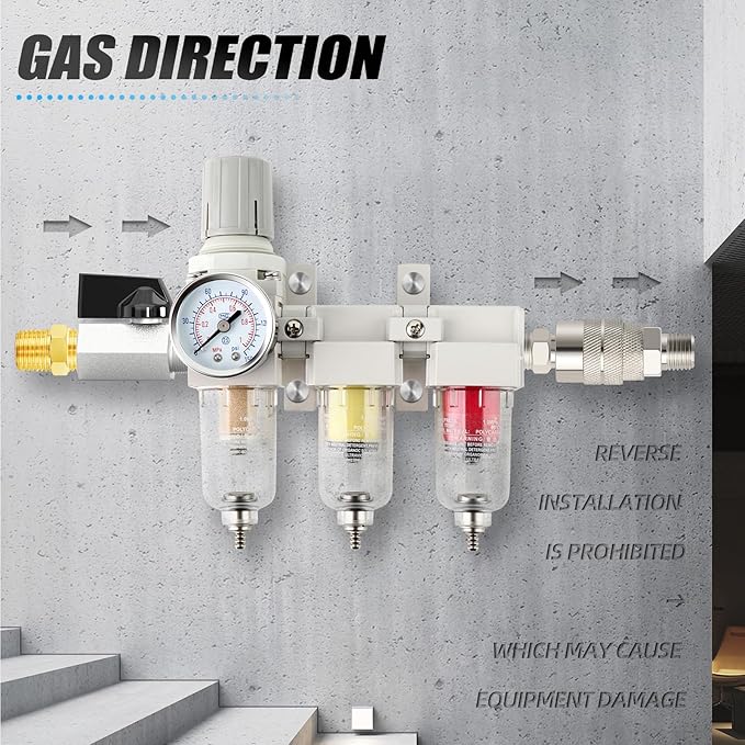 1/4" NPT 3 Stage Air Drying System,Coalescing Filter, Particulate Filter and Air Regulator, Manual Drain for Air Tools and Spray Paint Gun