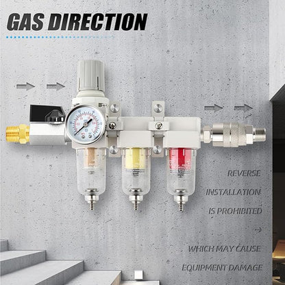 1/4" NPT 3 Stage Air Drying System,Coalescing Filter, Particulate Filter and Air Regulator, Manual Drain for Air Tools and Spray Paint Gun