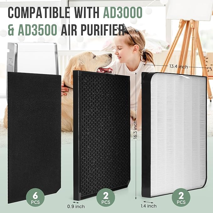 3500 Filter Replacement Set Compatible with AD3000/AD3500, 3500i, 3000M, 3000Pro Air Purifier (2 Efficiency Filter + 2 Carbon Filter + 6 Pre-Filters) 10-Pack