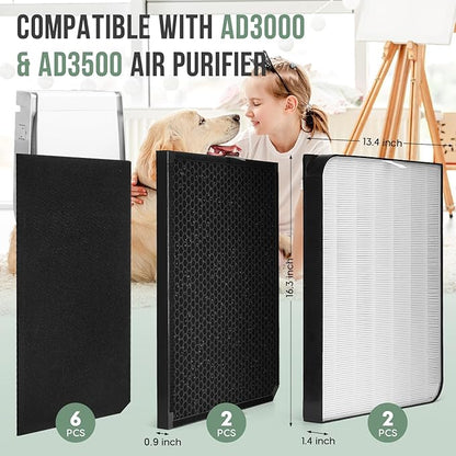 3500 Filter Replacement Set Compatible with AD3000/AD3500, 3500i, 3000M, 3000Pro Air Purifier (2 Efficiency Filter + 2 Carbon Filter + 6 Pre-Filters) 10-Pack
