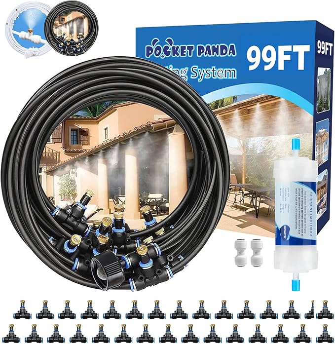 Misters for Outside Patio, Outdoor Water Misting Cooling System w Filter,99FT|30M. Backyard Mist Kit for Garden, Greenhouse, Fan,Deck,Umbrella,Canopy,Pool,Porch,Trampoline,Park,BBQ Party Accessories