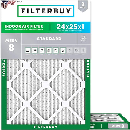 Filterbuy 24x25x1 Air Filter MERV 8 Essential Dust & Allergy Defense (2-Pack), Electrostatic Pleated HVAC AC Furnace Filters Replacement, Made in USA (Actual Size: 23.88 x 24.88 x 0.75)