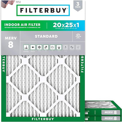 Filterbuy 20x25x1 Air Filter MERV 8 Essential Dust & Allergy Defense (3-Pack), Electrostatic Pleated HVAC AC Furnace Filters Replacement, Made in USA (Actual Size: 19.50 x 24.50 x 0.75)