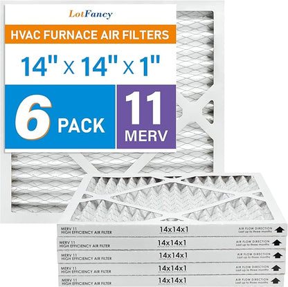 LotFancy 14x14x1 Air Filter MERV 11 6-Pack, Electrostatic Pleated AC Furnace Air Filter, Captures Dust, Smog & Pet Dander, Actual Size: 13.75"x13.75"x0.75"