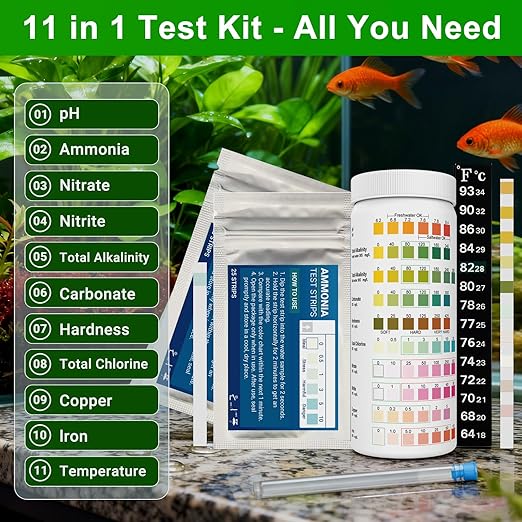Aquarium Test Kit |150 Strips | Aquarium Test Strips 11-in-1 | Quick Accurate Freshwater&Saltwater Fish Tank Water Test Testing Kit for Ammonia,pH,Nitrate,Nitrite,Hardness,Chlorine,Carbonate