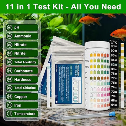 Aquarium Test Kit |150 Strips | Aquarium Test Strips 11-in-1 | Quick Accurate Freshwater&Saltwater Fish Tank Water Test Testing Kit for Ammonia,pH,Nitrate,Nitrite,Hardness,Chlorine,Carbonate