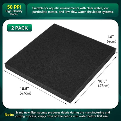 Borlech Aquarium Bio Filter Sponge Pad - Cut-to-Size Aquarium Filter Media for Fish Tank, Pond, Sump - Mechanical & Biological Filtration (18.5"x18.5"x1.6", 50PPI, 2 Pack)