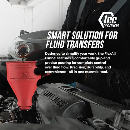 TEC Products FlexAll Long Flexible Funnels - Automotive Oil Funnel with Hose, Durable Nitrile Rubber for Oil Change, Transmission Funnel Fluid, Diesel, Fuel, Gas - Made in USA - Red (16 x 5 Inches)