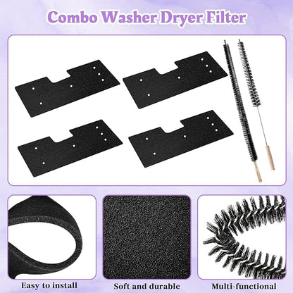 WH01X35719 Lint Filter Compatible with Ge Profile Washer Dryer Combo Foam Filter for PFQ97HSPV0DS Combo Washer Dryer Filter with Lint Brush (1 Long Handled Brush & 1 Full Bristle Brush)- 4 Pack