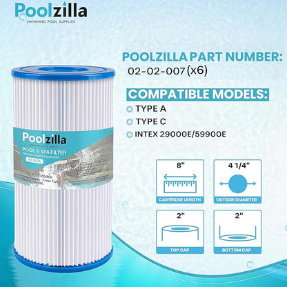 Poolzilla [6 Pack Pool Filter Cartridge for Type A or C, Compatible with Intex 29000E/59900E, Easy Set Pool Filters, Summer Escapes or Summer Waves Above Ground Pools [L x OD: 8" x 4.25'']