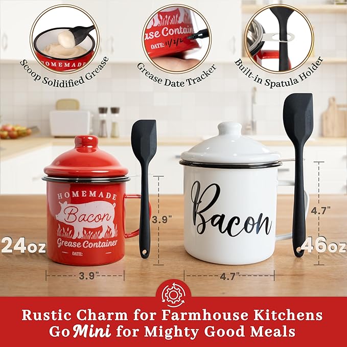 Bacon Grease Container with Strainer - With Food-Grade Silicone Spatula, 24oz Enamel Rustic Farmhouse Fat Container, Keeper, Recipes, Dishwasher Safe