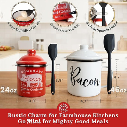 Bacon Grease Container with Strainer - With Food-Grade Silicone Spatula, 24oz Enamel Rustic Farmhouse Fat Container, Keeper, Recipes, Dishwasher Safe