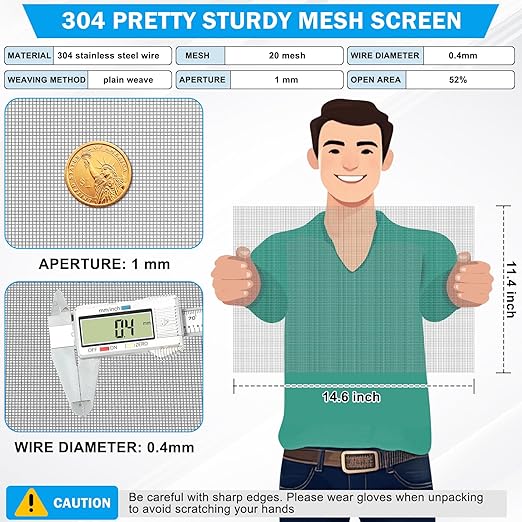 Valchoose 1 Piece Woven 304 Stainless Steel Mesh 14.6" X11.4" (372X292mm), Easy to Cut Metal Screen Mesh, Hard & Never Rust Wire Screen Mesh, Heat Resisting Used for Vent BBQ Filters Window DIY