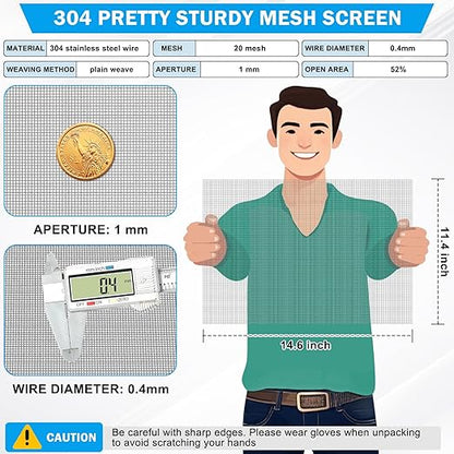 Valchoose 1 Piece Woven 304 Stainless Steel Mesh 14.6" X11.4" (372X292mm), Easy to Cut Metal Screen Mesh, Hard & Never Rust Wire Screen Mesh, Heat Resisting Used for Vent BBQ Filters Window DIY