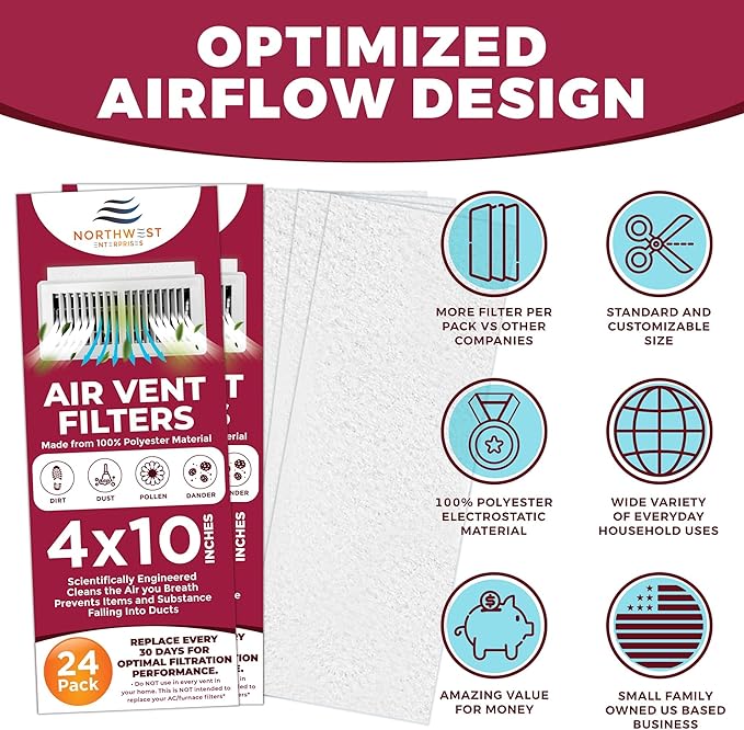 NORTHWEST ENTERPRISES Vent Filters, 24 Floor Vent Register Filters - 4"x10", 90 Day Filtration.