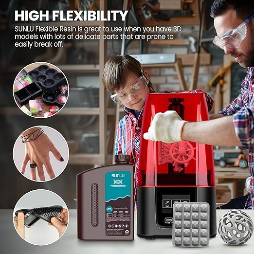 SUNLU Flexible 3D Printer Resin 2KG, 66A 3D Printing Resin for Printing Soft and Flexible Items, Bendable and Not Brittle, Fast Curing 405nm UV Photopolymer Resin. (2000G Gray)