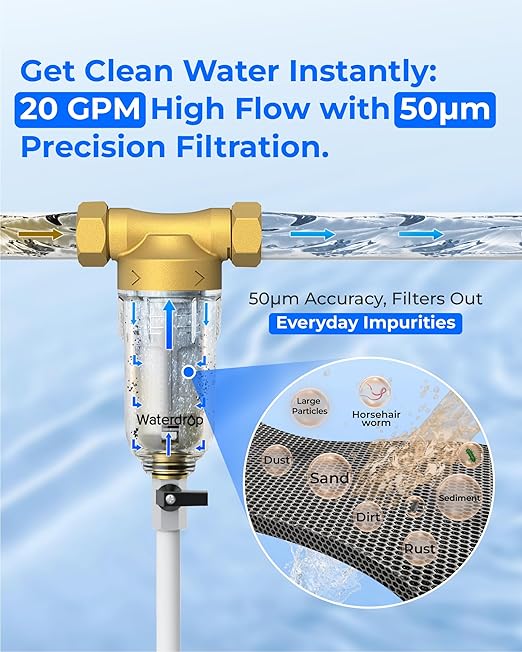 Waterdrop Spin Down Sediment Filter, Backwash Whole House Water Filter System for Well Water, 40-50 Micron, 1" MNPT + 3/4" FNPT + 3/4" MNPT, Traps Sand, BPA Free, WD-RPFK