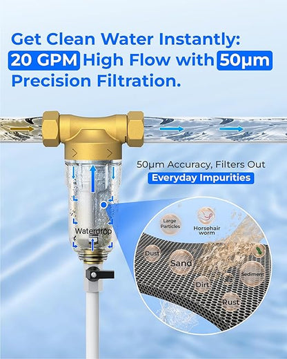 Waterdrop Spin Down Sediment Filter, Backwash Whole House Water Filter System for Well Water, 40-50 Micron, 1" MNPT + 3/4" FNPT + 3/4" MNPT, Traps Sand, BPA Free, WD-RPFK